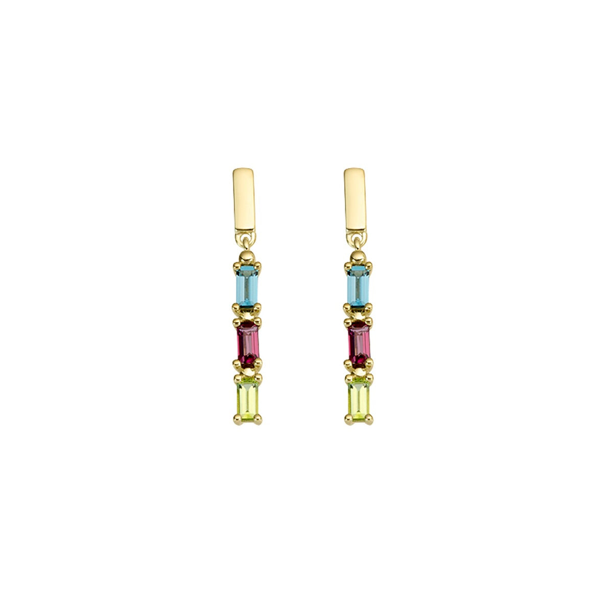 Beheyt – Boucles d'oreilles – Or jaune, Topaze London, Rhodolite & Péridot