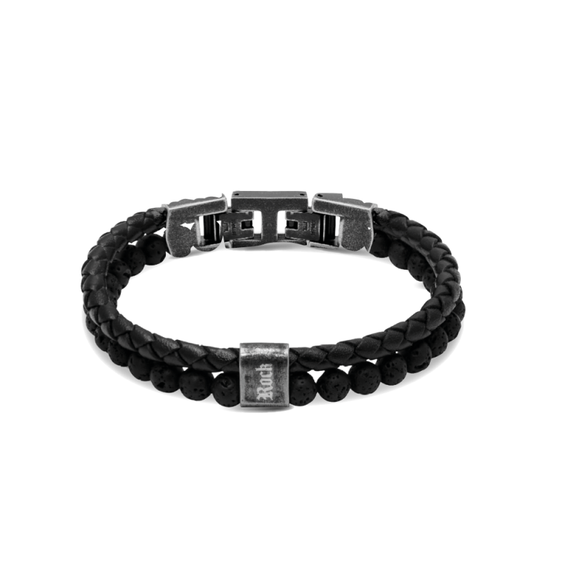 Rochet - Bracelet acier, cuir & pierre de lave
