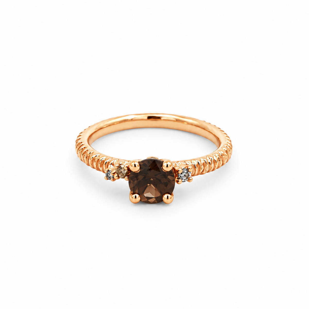 Création – Bague – Or rose – Quartz fumé, diamant cognac et diamants – vue 2