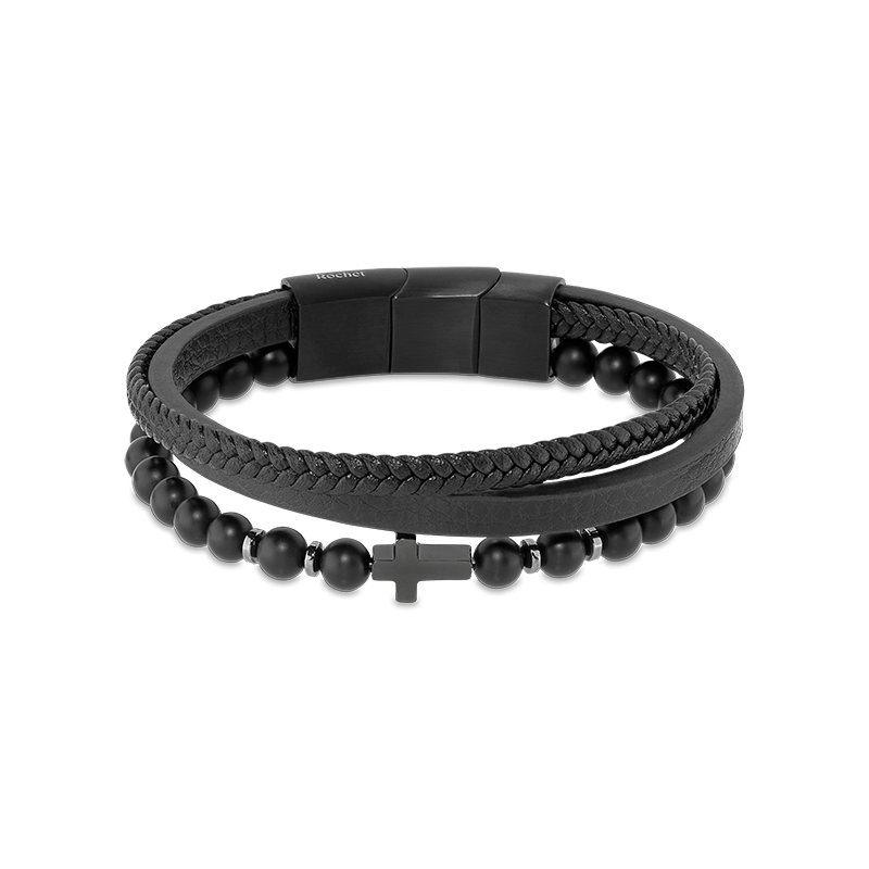 Rochet – Bracelet acier, cuir & agate noir – vue 2