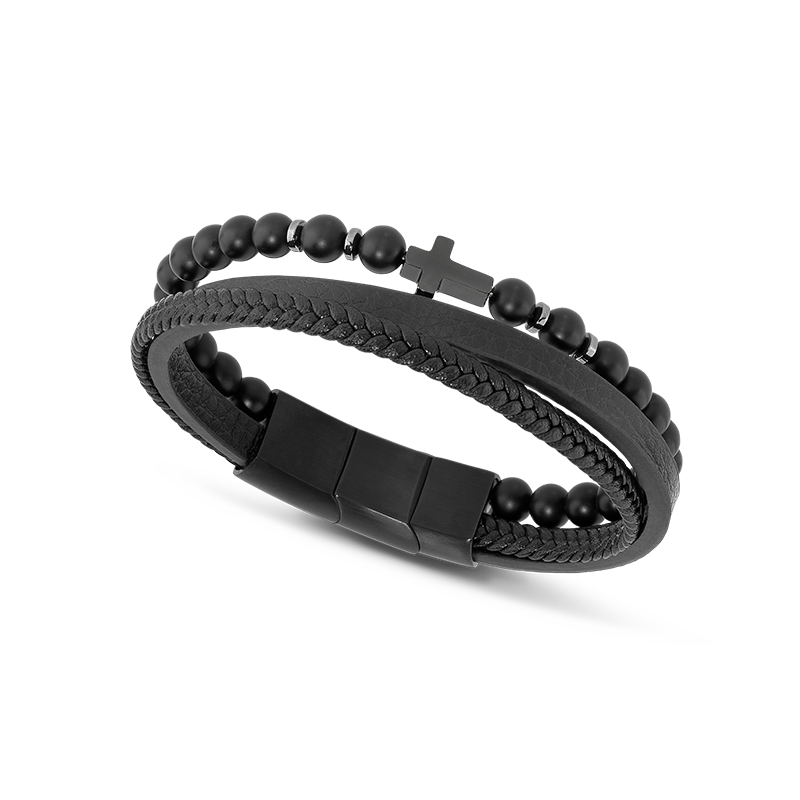 Rochet – Bracelet acier, cuir & agate noir