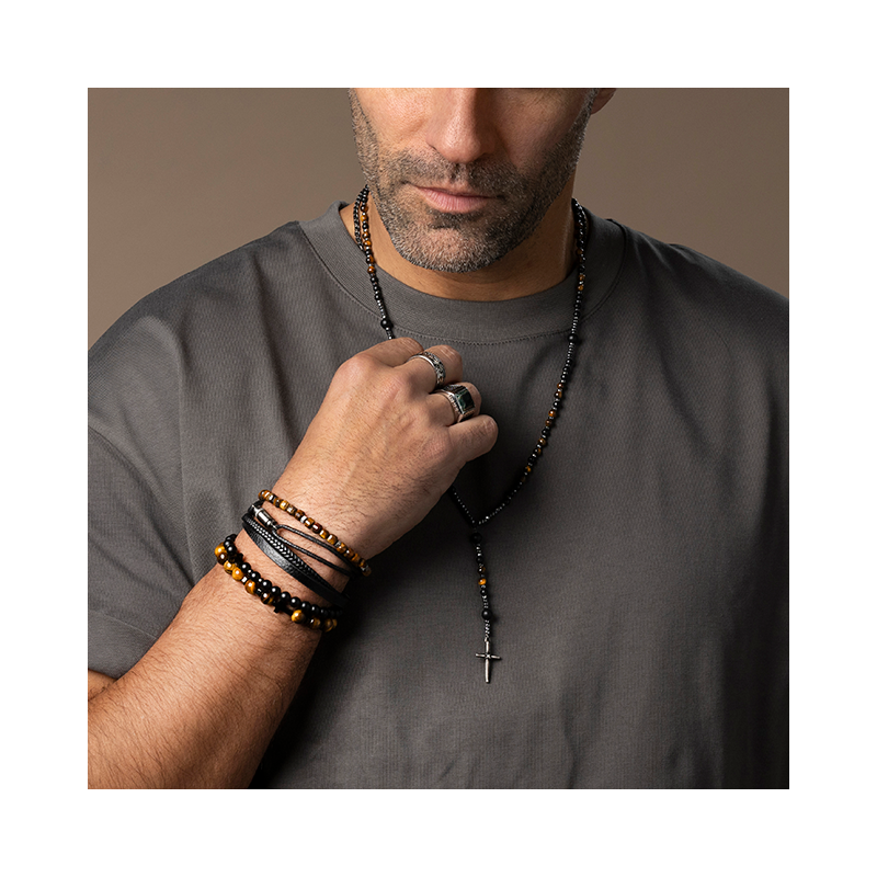 Rochet – Bracelet acier, cuir & agate noir – vue 3