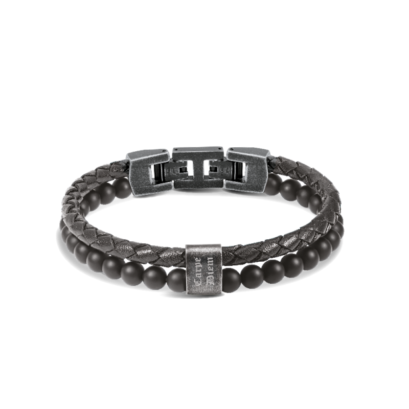 Rochet – Bracelet acier, cuir & agate noir – vue 2