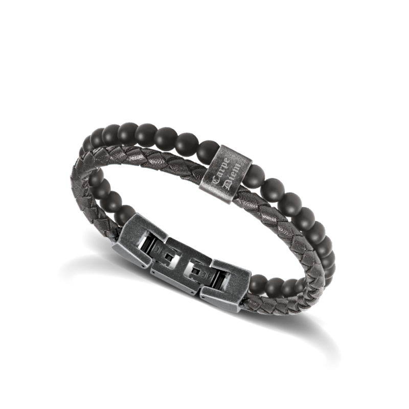 Rochet – Bracelet acier, cuir & agate noir