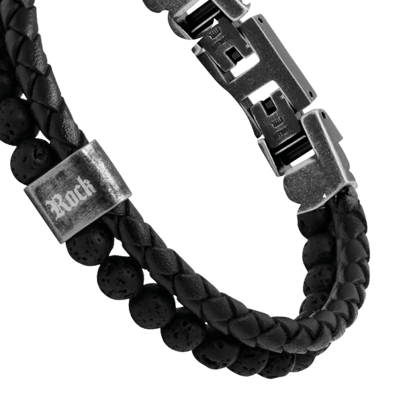 Rochet – Bracelet acier, cuir & pierre de lave – vue 3