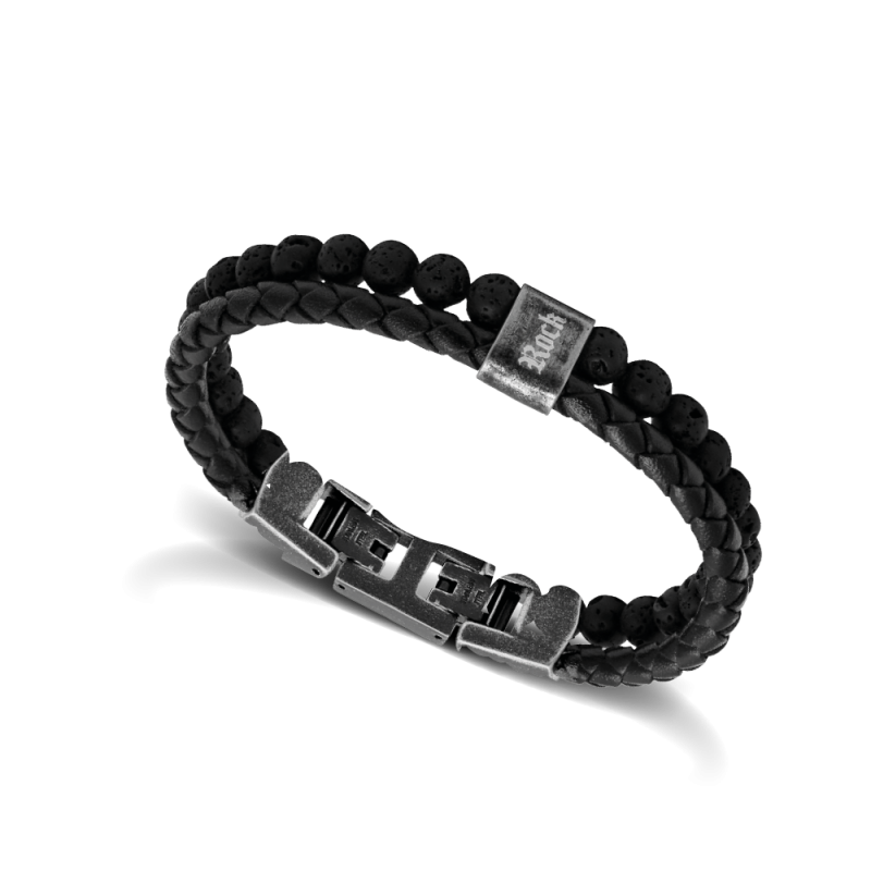 Rochet – Bracelet acier, cuir & pierre de lave